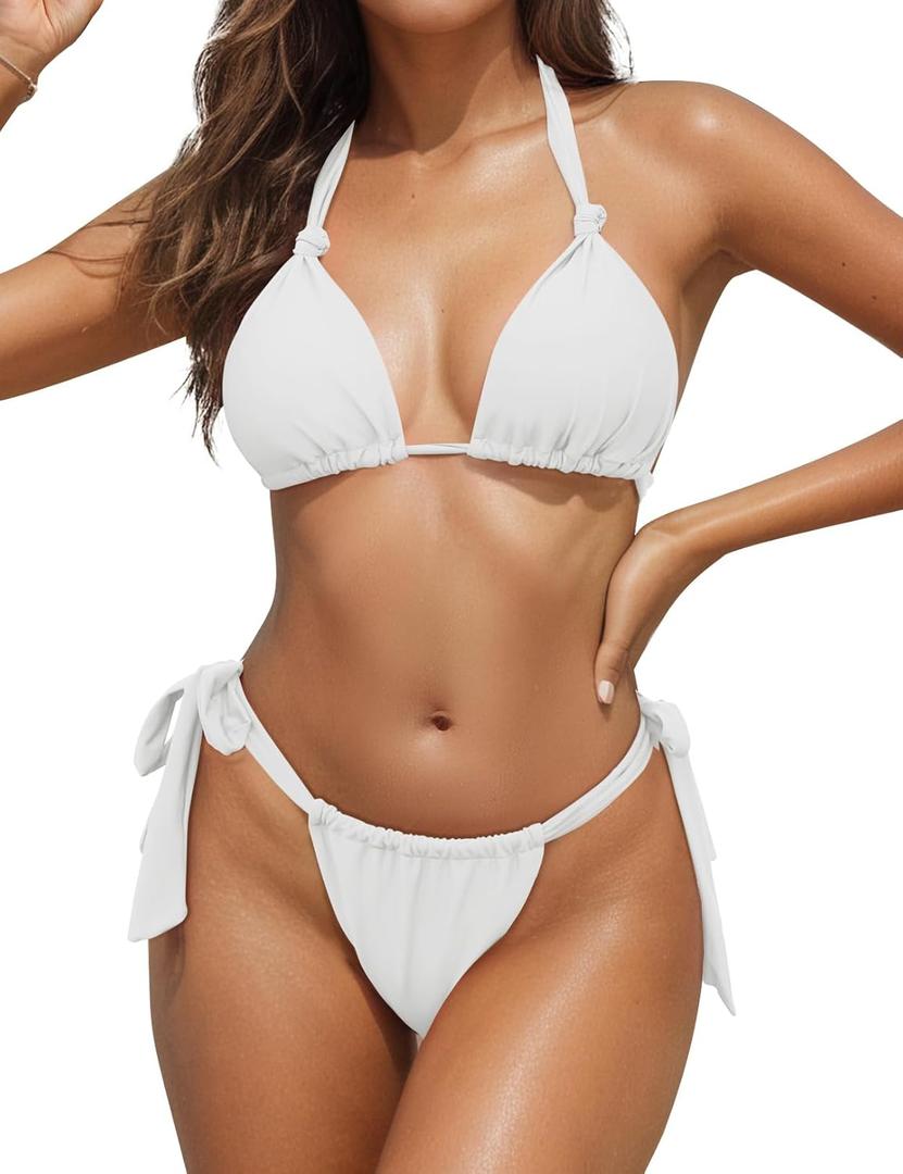 Zonsaoja Women Thong Bikini Side Tie Triangle Two Piece Bathing Suits Halter Knot Swimsuits (Medium, White)
