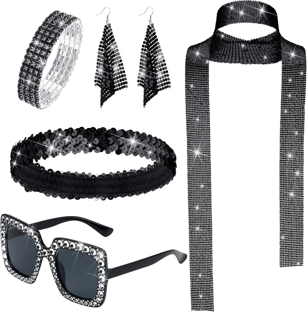 Sasylvia 5 Pcs 70s Disco Accessories Halloween Women Costume Jewelry Sequin Scarf Earrings Sunglasses Bracelet Headband (Black)
