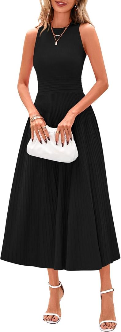 PRETTYGARDEN Spring Casual Dresses for Women 2026 Summer Business Work Midi Sleeveless A Line Pleated Cocktail Dress (Medium)