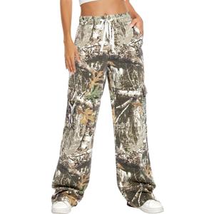 HVEPUO Camo Pants Women High Waisted Wide Leg Casual Y2K Camoflage Cargo Pants Baggy Elastic Waist Straight Jeans Trousers (L)