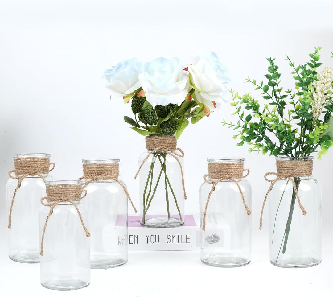 Vintage Glass Flower Vase, Farmhouse Glass Centerpiece Vases Mason Jars for Weddings, Parties & Home Decor Bulk (6, Transparent)