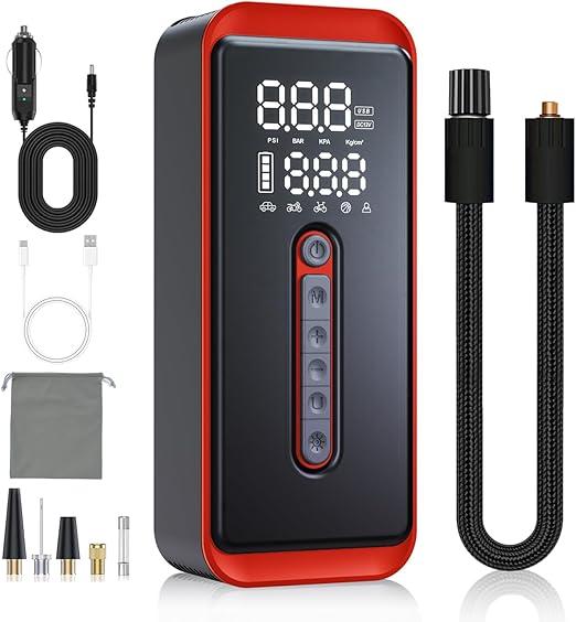 Yeaban Tire Inflator Portable Air Compressor (150 PSI) | 35 LPM Fast Air Pump – Smart Tire Pump for Car, Motorcycle, Bike – Car Accessories with Functions (Lighting, Power Bank) - Red