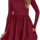 PRETTYGARDEN Fall Dresses for Women 2026 Casual Long Sleeve Bubble Cute Crew Neck A Line Mini Short Dress with Pockets M, Wine Red