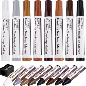 DEWEL Furniture Markers Touch Up, Upgrade Wooden Furniture Repair Kit, Premium Wood Scratch Repair Markers and Wax Sticks for Wood Stains Scratches Hardwood Floors Tables, Set of 17 (Black, Gray, Maple, Oak, Cherry, Walnut, Mahogany, White)