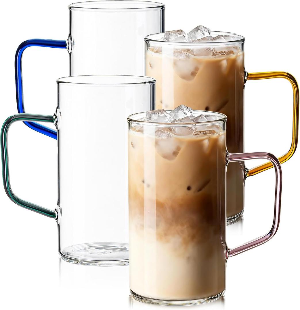 COMI Glass Coffee Mugs Set of 4, 17 oz Large Clear Coffee Cups with Colorful Handles, Hand Blown & Seamless Design, Heat Resistant and Explosion-Proof, Lightweight Tea Mugs for Home,Cafe