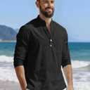 TAFLE Mens Linen Henley Shirts Casual Long Sleeve Hippie Yoga Tops Lightweight Summer Beach T-Shirt Black (Black, L)