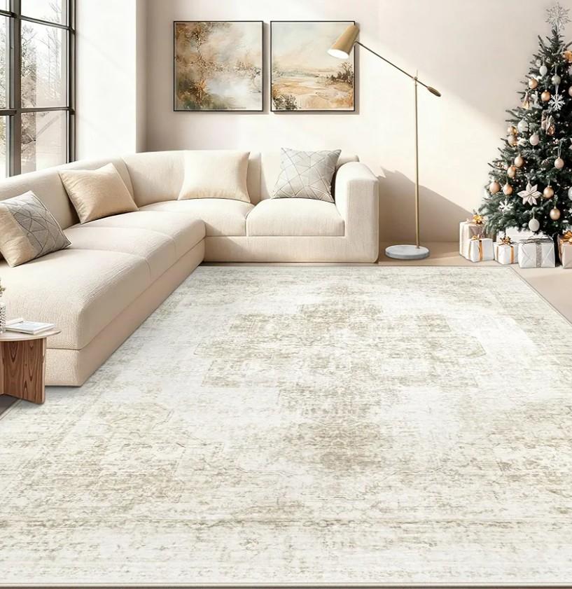 8x10 Area Rugs for Living Room, Washable Vintage Boho Medallion Rug Soft Non Slip Large Area Rug Stain Resistant Indoor Retro Carpet for Bedroom Nursery Kids Dining Room Home Office (Beige)