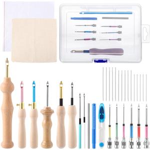 35 Pcs Punch Needle Kit, Punch Needle Tool Adjustable Punch Needle Embroidery Kits Include Wooden Handle Embroidery Pen Set, Big Eye Needles, Punch Needle Cloth - Valentines Gifts for Adults Beginne