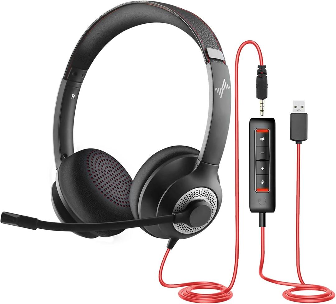 USB Headset with Mic for PC, On-Ear Computer Laptop Headphones with Noise Cancelling Microphone in-line Control for Home Office Online Class Skype Zoom (USB+3.5mm, Black) (Black)