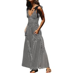 Women Casual Summer Striped Dresses Smocked V Neck Bow Beach Dress Sleeveless Sundress Beach Long Flowy Dress