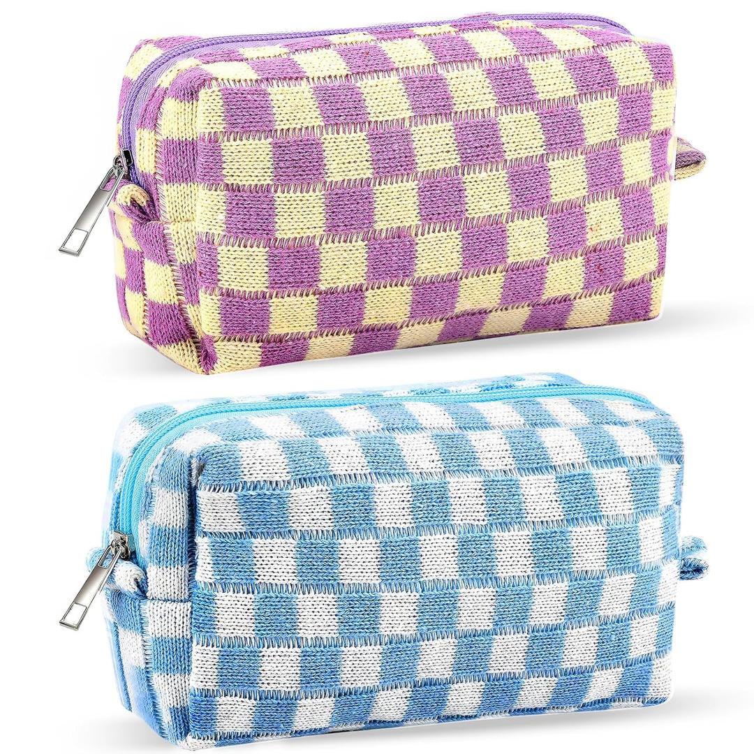 ZLFSRQ 2Pcs Checkered Makeup Bag for Women Medium Travel Cosmetic Bags Checkered Makeup Pouch for Purse Zipper Toiletry Bag Organizer Cute Y2K Aesthetic Trendy Adults Preppy Pencil Bags(Blue/Purple) (BN Checkered 2Pcs M Blue/Purple)