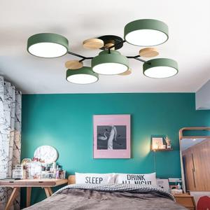LED Dimmable Modern Ceiling Light Fixture, 30 Inch 5-Light Wooden Flush Mount Chandelier for Living Room, Bedroom, Kitchen - 3000K/4000K/6000K Green Ceiling Lamp