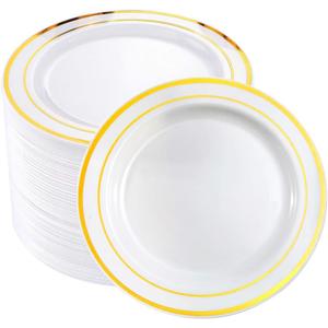 bUCLA 100Pieces Gold Plastic Plates -7.5inch White and Gold Disposable Salad/Dessert Plates - Ideal for Weddings, Party & Thanksgiving