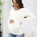 LOMON Maternity Shirts Long Sleeve Thermal Tops Side Ruched Casual Tshirt Crewneck Fleece Base Layer for Pregnant Women (White, L)