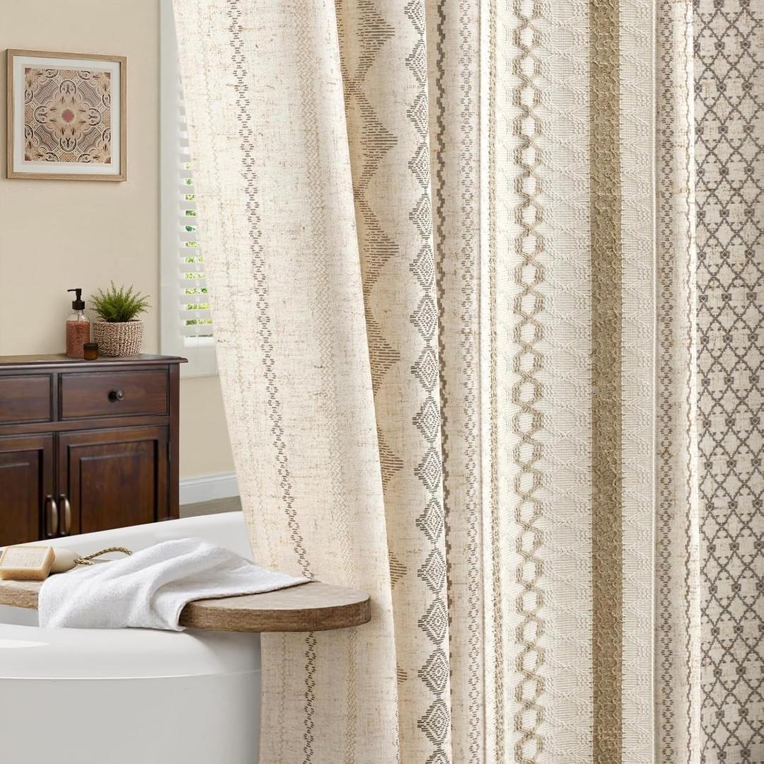 Boho Linen Shower Curtain for Bathroom,with Striped Print and Twine-Inspired Woven Center,Extra Long Size,72" W x 84" L