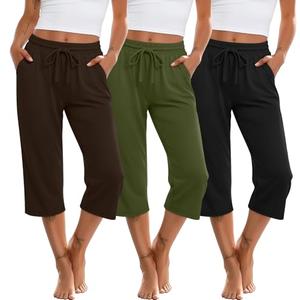 Huukeay 3 Pack Women's Capri Sweatpants Drawstring Lounge Capris Wide Leg Cropped Pants with Pockets Workout Yoga Joggers(Large, Army Green, Brown, Black)