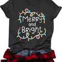 Merry and Bright Shirt Christmas Shirts for Women Xmas Lights Graphic Shirts Merry Christmas Holiday Tops (Large, Grey)