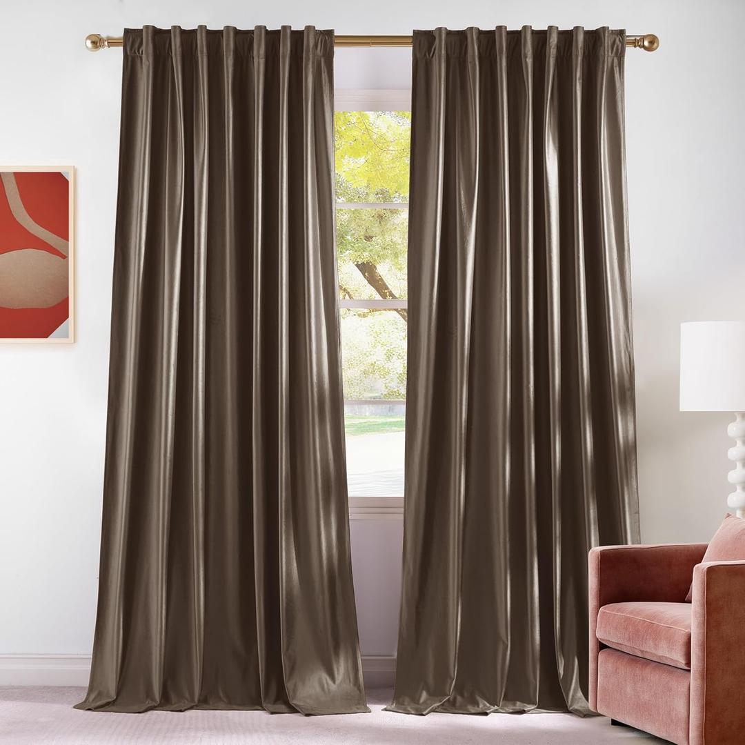 NICETOWN Taupe Velvet Bedroom Curtains 90 inches Long, Rod Pocket & Back Tab Luxury Room Darkneing Window Treatments Vertical Drapes for Living Room, W52 x L90, 2 Panels