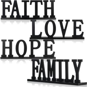Jetec 4 Pieces Love Faith Hope Family Wood Word Sign Black Wooden Cutout Letter Table Decor Rustic Letter Tabletop Decoration Freestanding Wood Sign for Home Room Modern Fireplace Table Centerpiece