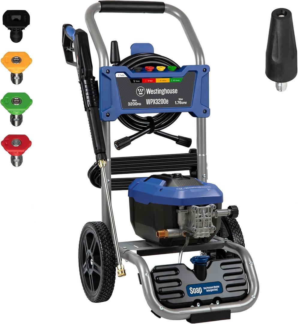 Westinghouse WPX3200e Electric Pressure Washer, 3200 Max PSI and 1.76 Max GPM, Universal Motor, Onboard Soap Tank, Spray Gun and Wand, 5 Nozzle Set, for Cars/Fences/Driveways/Homes/Patios/Furniture