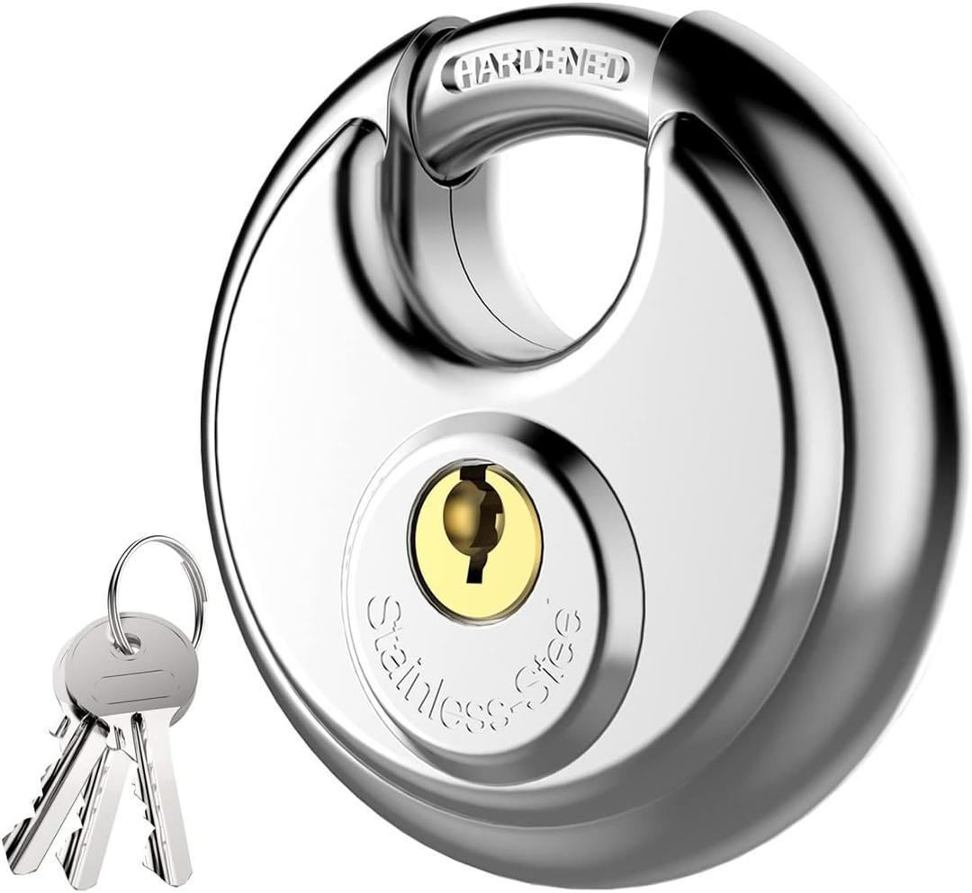 Puroma Keyed Padlock, Stainless Steel Discus Locker Lock Heavy Duty Locks with 3 Keys, Waterproof Outdoors Gate Storage Unit Lock with 3/8 Inch Shackle for Warehouse, Gym Storage Locker (1 Pack) (Large, Silver)