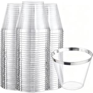 Ciaell 200PCS Silver Plastic Cups - 9Oz Heavy Duty Plastic Cups - Silver Rimmed Cup - Disposable Clear Cup with Silver Rim for Party & Wedding
