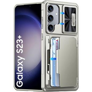 Vizvera for Samsung Galaxy S23 Plus Case Wallet, RFID Cards Holder (4 Cards) & Camera Cover for Women Men, Full Body Shockproof Silicone Case for S23 Plus 6.6"-Natural Titanium