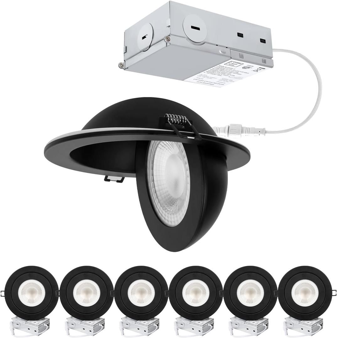 POPANU Recessed Lighting 6 inch - 12W Gimbal Light Eyeball Sloped Ceiling Recessed Spotlight 1300lm Black Trim 90 Tilt Swivel Soffit Wafer Lights 5CCT Adjustable Indoor Dimmable Black 6 inch 6 Pack