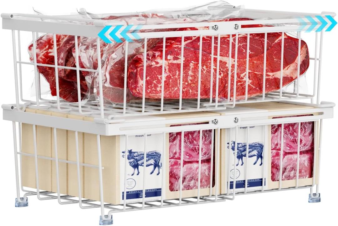 iSPECLE 2 Pack Freezer Organizer Bins - Fit 10 to 20 Cu.Ft Deep Freezer, Expandable Wire Storage Chest Freezer Baskets for Frozen Food, Stackable with Handles, White