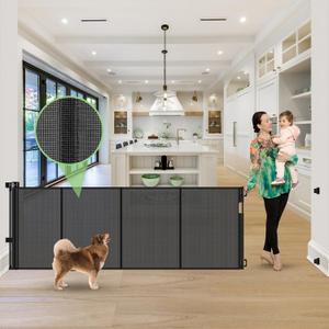 Reinforced 120 Inch Retractable Baby Gates Extra Wide Dog Gate with Support Rods  Prevent Crawling Under, 10 Feet Extra Long Baby Gates for Large Openings, Indoor/Outdoor Retractable Dog Gate, Black