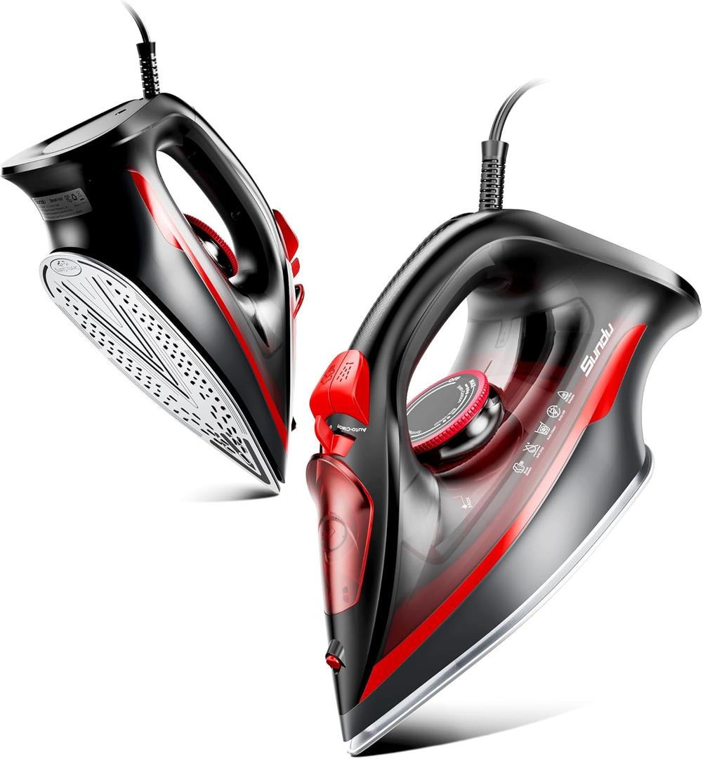 Sundu Mini Travel Steam Iron, 1000W Portable Small Iron with Non-Stick Plate, 300 Steam Holes, 90ml Tank, Safety Base & Digital Temp Control for Quilting Sewing-Red Black