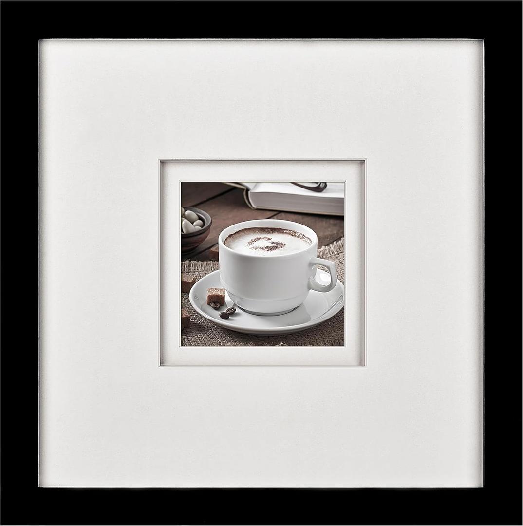 Yaetm 10x10 Square Picture Frame Matted to 4x4, Double Floating Ivory Mats, Black Photo Frame with Polished Tempered Glass for Wall Gallery, Home and Office, Wall Mounting, Single, Black