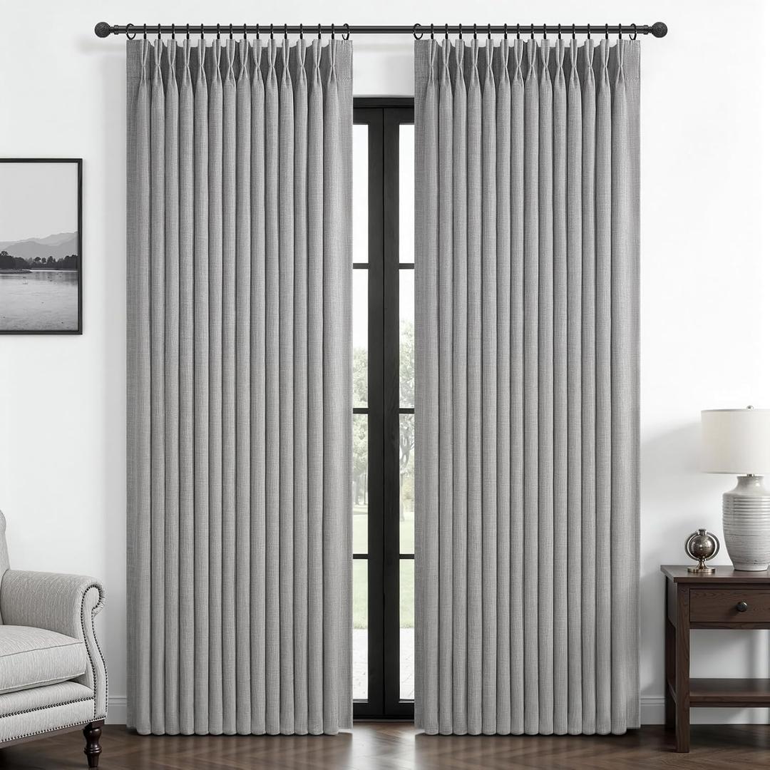 Custom Light Grey Blackout Dining Room Curtains 78 Inches Long 2 Panels Set, Memory Trained Pinch Pleated Double Layer Linen Thermal Noise Reducing Drapes Farmhouse Energy Efficient Windows Curtain
