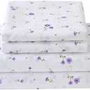 Softan Floral Full Sheet Set Purple Flower Printed Bed Sheets Double, Cozy Microfiber Patterned Fitted Sheets with 15" Deep Pocket & Non-Slip Straps, Cute Purple Sheets and Pillowcase Set