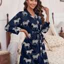HOTOUCH Womens Robe Lightweight Short Knit Bathrobe Soft Ladies Sleepwear | Super Soft Knit Fabric,3/4 Sleeves with Elastic Cuffs,Two Side Pockets,Fixed Belt,Knee Length. (Blue, XS)