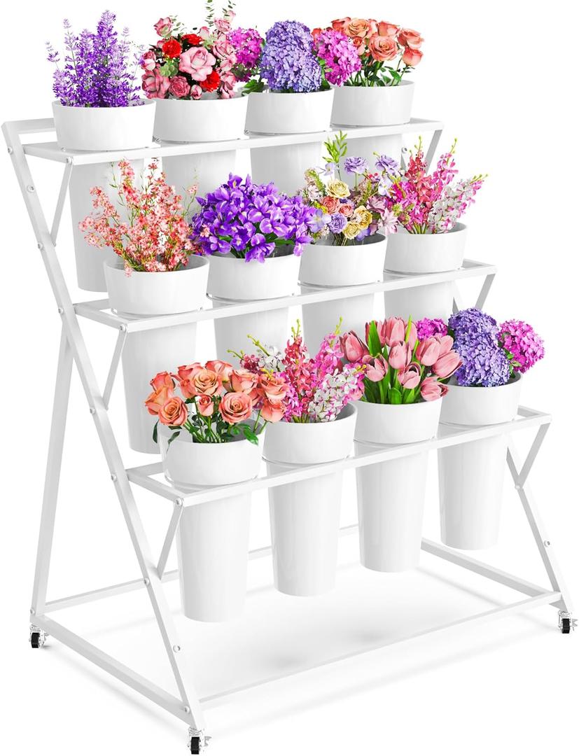 VGMiu Flower Display Stand with 12 Buckets, White Flower Cart with Wheels 3 Layers Metal Flower Bar Stand Moving Flower Stand Florist Bouquet Shelf for Weddings Party Ceremony Indoor Outdoor Garden