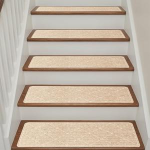Stair Treads Non Slip for Wooden Steps Indoor, 15 Pack 9" X 28" Carpet Runners for Wood Stairs with Self-Adhesive Backing, Stickiness Stair Rugs for Kids Elders and Dogs, Diamond Beige