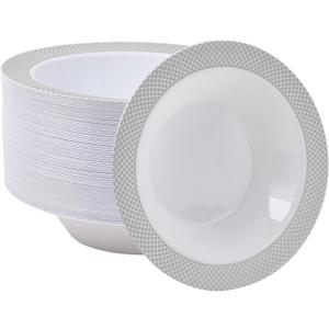 JOLLY CHEF 50 Pack Plastic Bowls with Silver Rim, 12 oz Disposable Soup Bowls, Heavy Duty Plastic Dinner Bowl for Weddings, Party, Dinners, Catering, Christmas and Everyday Use