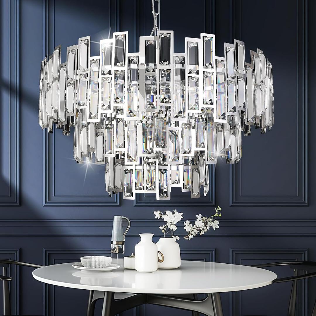 Chrome Crystal Chandelier Lighting 24.5'' for Dining Rooms Bedroom Foyer Entryway Ceiling Hanging Pendant Chandelier Light Fixture Lamp, Medium-24.5''