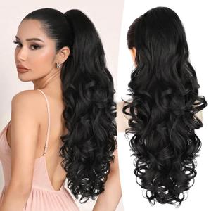 ALXNAN Ponytail Extension,24 Inch Claw Clip in Long Curly Wavy Black Ponytail Hair Extension Jaw Clip on Pony Tails Hairpiece for Women, 1B