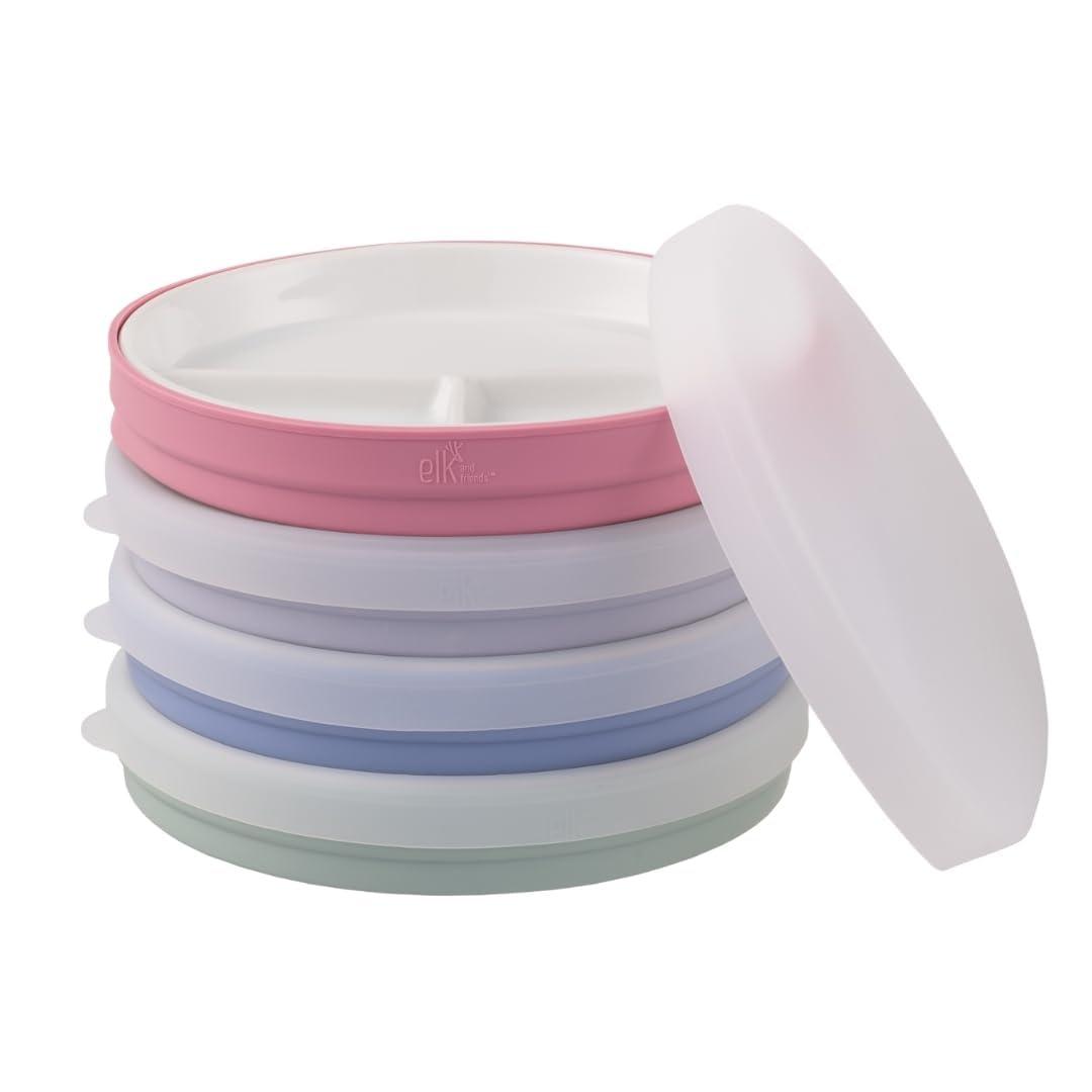 Elk and Friends Kids 6.7” Porcelain Divided Plates with Silicone Suction Sleeves + Silicone Lids | Suitable for Babies/Kids/Toddlers | Microwave & Dishwasher Safe | Non Slip | Snack Dishes | 4 Pack