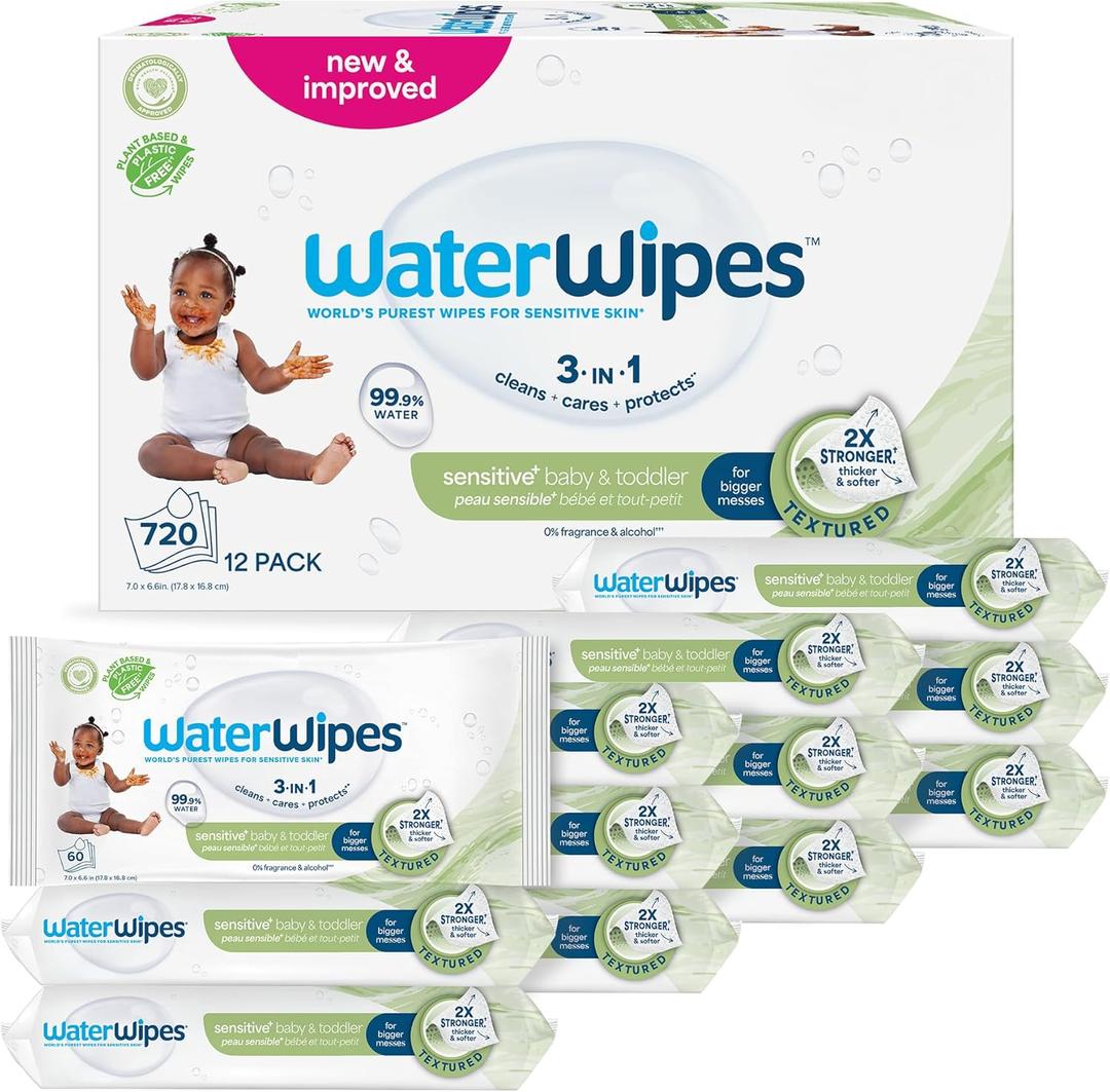 WaterWipes Sensitive+ Baby & Toddler Wipes, 3-In-1 Cleans, Cares, Protects, 99.9% Water, Textured Clean, Unscented & Hypoallergenic, 720 Count (11 Packs)