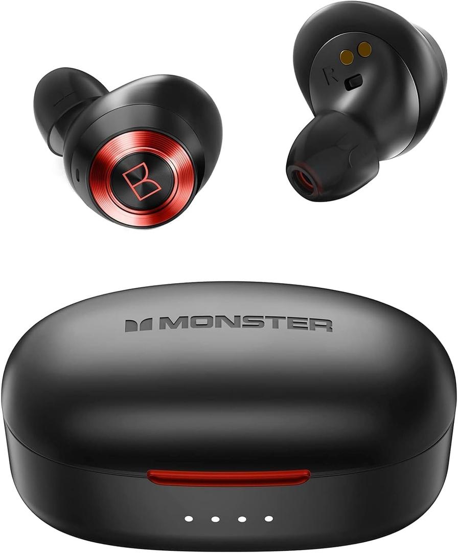 Monster Achieve 100 AirLinks Wireless Earbuds,Super Fast Charge,Bluetooth 5.0 in-Ear Stereo Headphones with USB-C Charging Case,Built-in Mic for Clear Calls,Water Resistant Design for Sports, Red