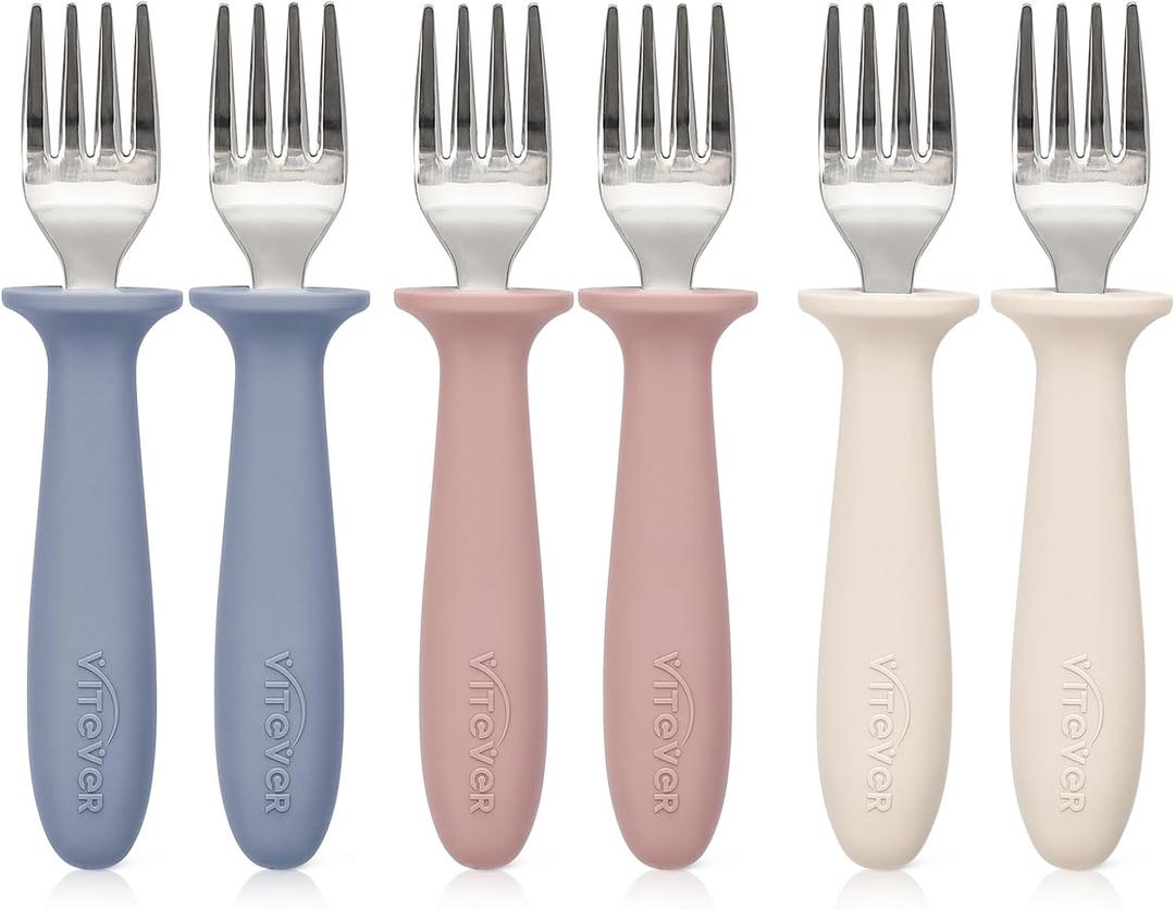 6 Pieces Toddler ForksKids Safe Utensils Set with Silicone Round Handle for Self Feeding18/8 Stainless Steel Baby ForksChildren's Silverware Set BPA Free, Dishwasher Safe (Red/Blue/White)