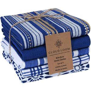 Assorted Kitchen Towels Large 16x26 inch 100% Cotton Set of 5 - Soft Absorbent Washable Tea Towel for Kitchen - Dish Cloths Towel with Hanging Loop - Quick Drying Dish Towels Blue