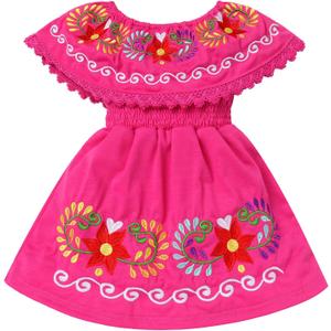 Mexican Dress for Toddler Girls Floral Embroidered Dresses Traditional Folklorico Off-Shoulder Cinco de Mayo Dresses (2-3T, Hot Pink)