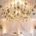 Lyrow 60 Pack Artificial Flower Hanging Flowers Ornament Floating Garland Ceiling Rose Strings for Wedding Anniversary Engagement Marriage Proposal Floral Birthday Party Decor (Rose,White)