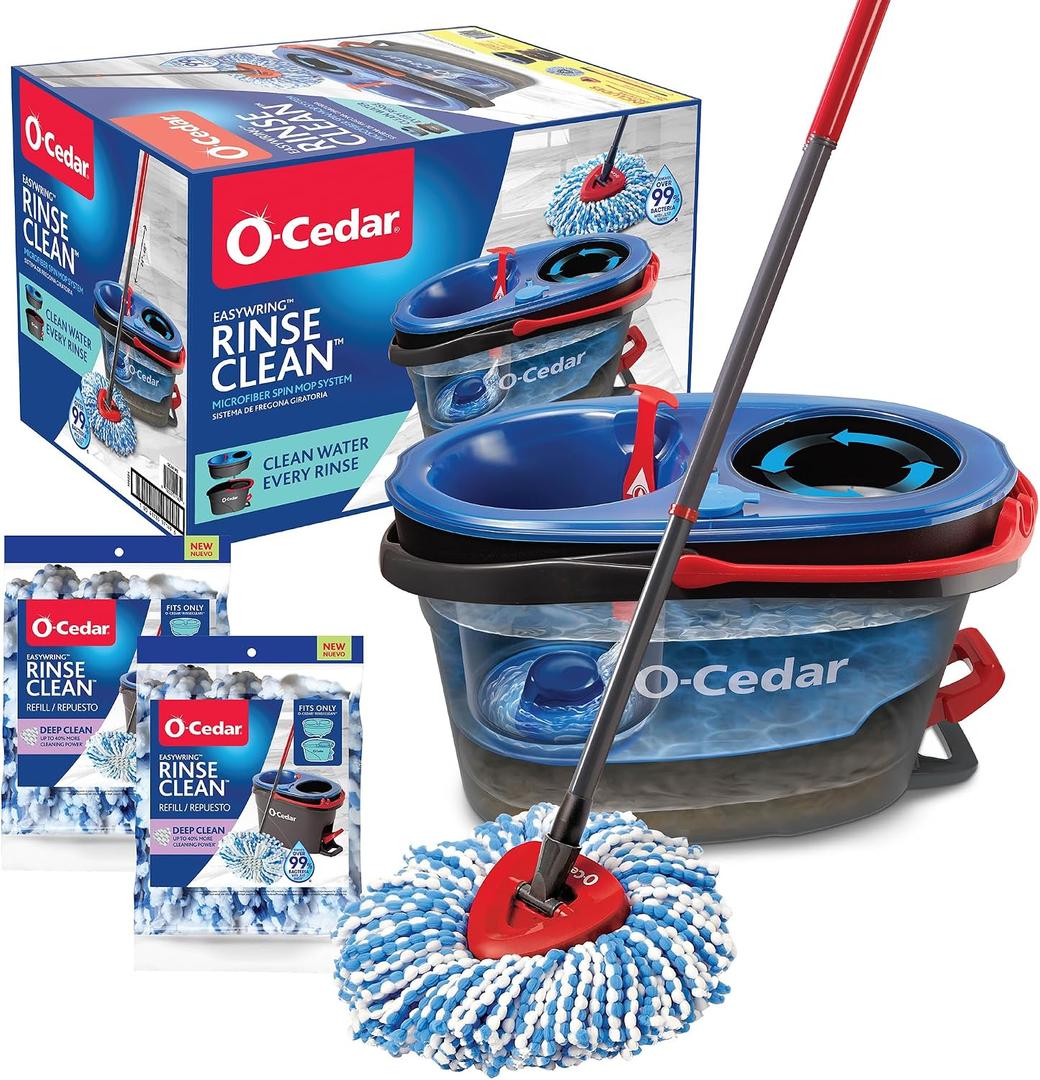 O-Cedar RinseClean Spin Mop & Bucket System | Microfiber Floor Cleaning System | Includes 3 Mop Heads (1 Standard+ 2 Deep Clean Refills) | Machine Washable & Reusable
