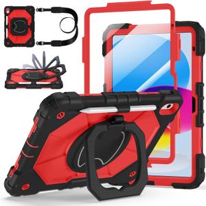 Case for iPad A16 11th/10th Generation 11 inch/10.9 inch 2025/2022, Ubearkk for iPad a16 case with Screen Protector, 360 Degree Rotating Stand, Shoulder Strap, Pencil Holder, Black Red