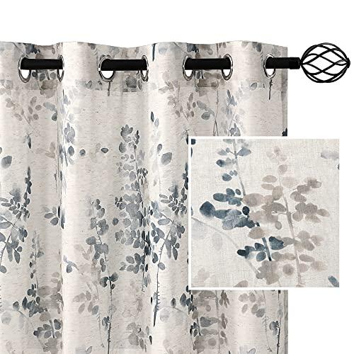 H.VERSAILTEX Sheer Linen Curtains 84 Inch Long Semi Sheer Curtains Draperies for Living Room/Bedroom Vintage Classical Floral Printing Window Treatment Grommet 2 Panels, Bluestone and Taupe